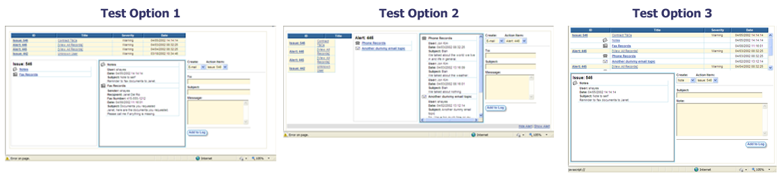 Screen captures of the three test options.