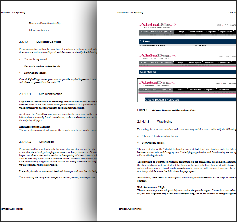 Composite of two partial pages from the Heuristic Evaluation Report, with shadowing.